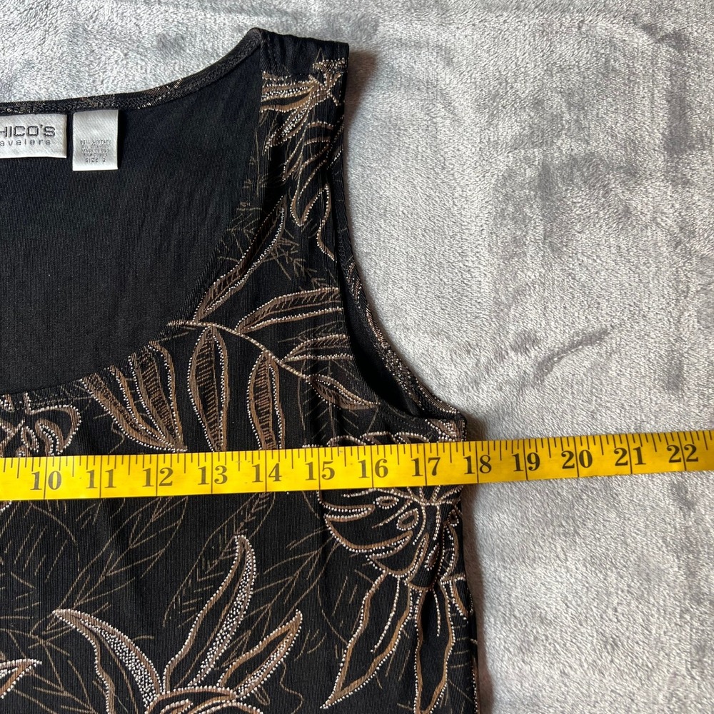 Chico's Travelers Black Bronze Metallic Tropical Leaf Print sling Dress Size L - Picture 7 of 9